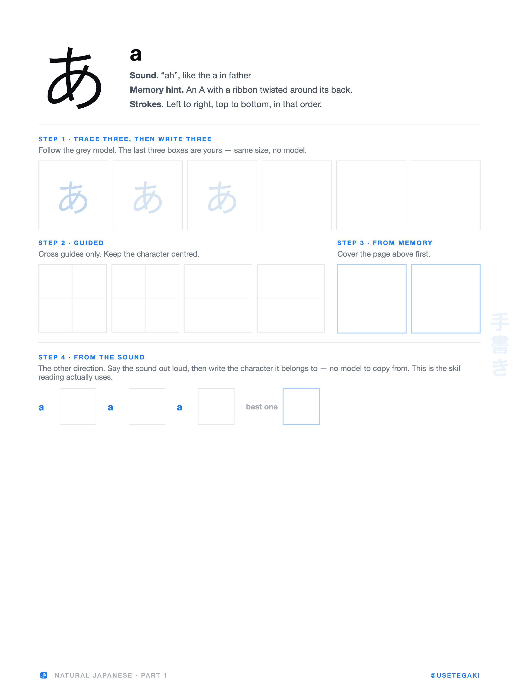 The practice page for あ, showing four writing steps.
